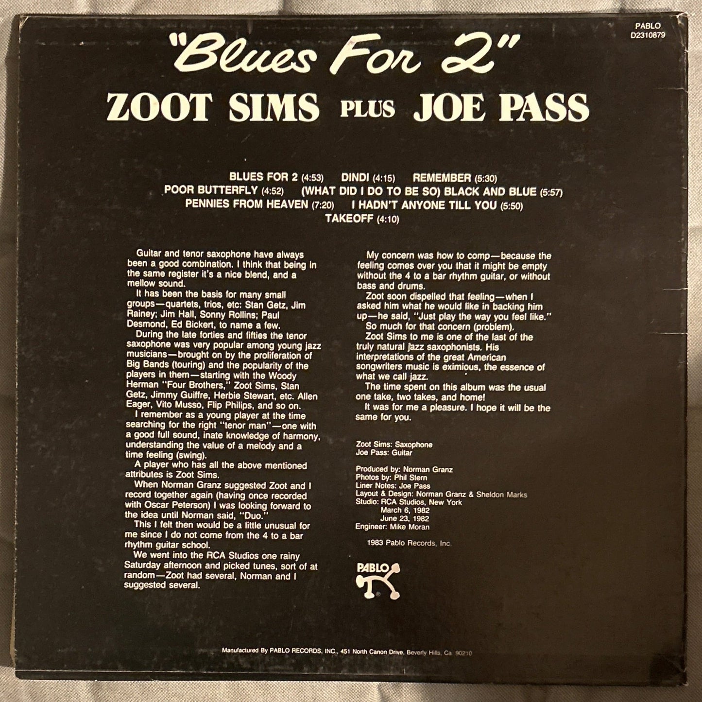 LP Zoot Sims Plus Joe Pass ‎– Blues For 2 2ª Mano - DISCOS NAKASHA