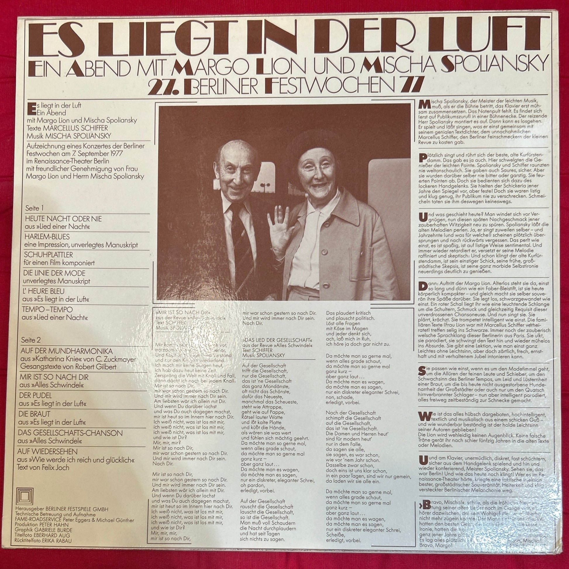 Margo Lion, Mischa Spoliansky ‎– Es Liegt In Der Luft - Ein Abend Mit Margo Lion Und Mischa Spoliansky - 27. Berliner Festwochen 77 - DISCOS NAKASHA