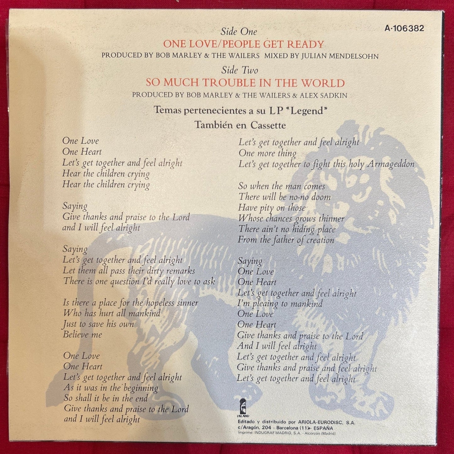 SINGLE Bob Marley And The Wailers ‎– One Love / People Get Ready 2ª mano - DISCOS NAKASHA