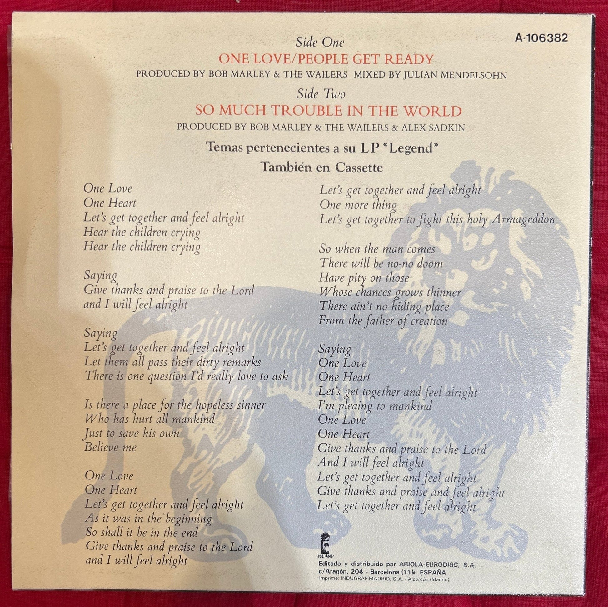SINGLE Bob Marley And The Wailers ‎– One Love / People Get Ready 2ª mano - DISCOS NAKASHA
