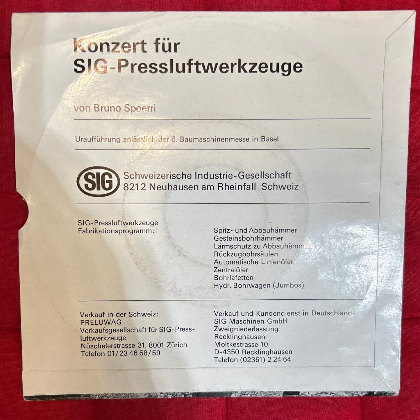 SINGLE Bruno Spoerri ‎– Konzert Für SIG - Pressluftwerkzeuge Single sided 2ª mano - DISCOS NAKASHA