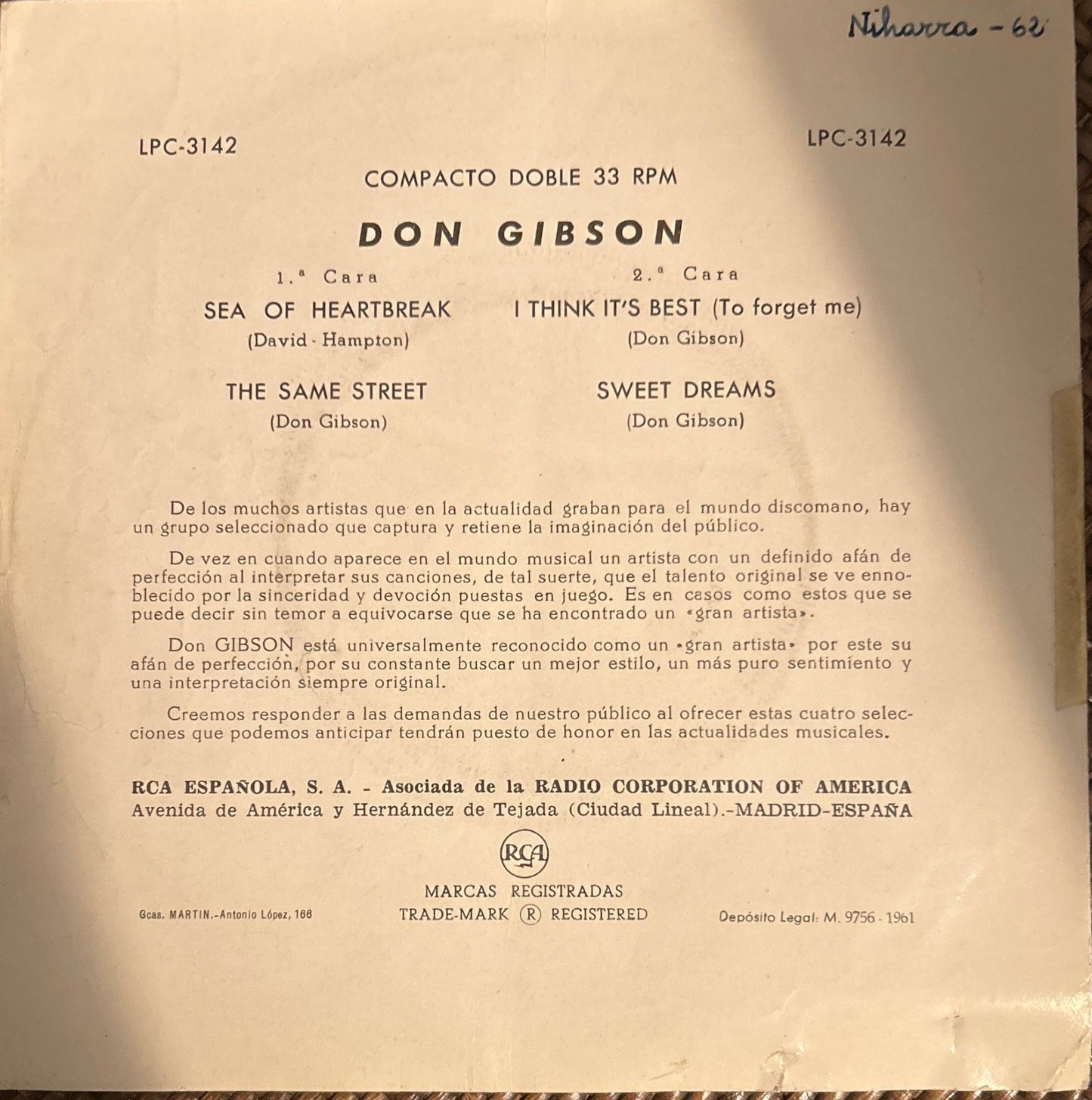 SINGLE Don Gibson ‎– Sea Of Heartbreak 2ª Mano - DISCOS NAKASHA