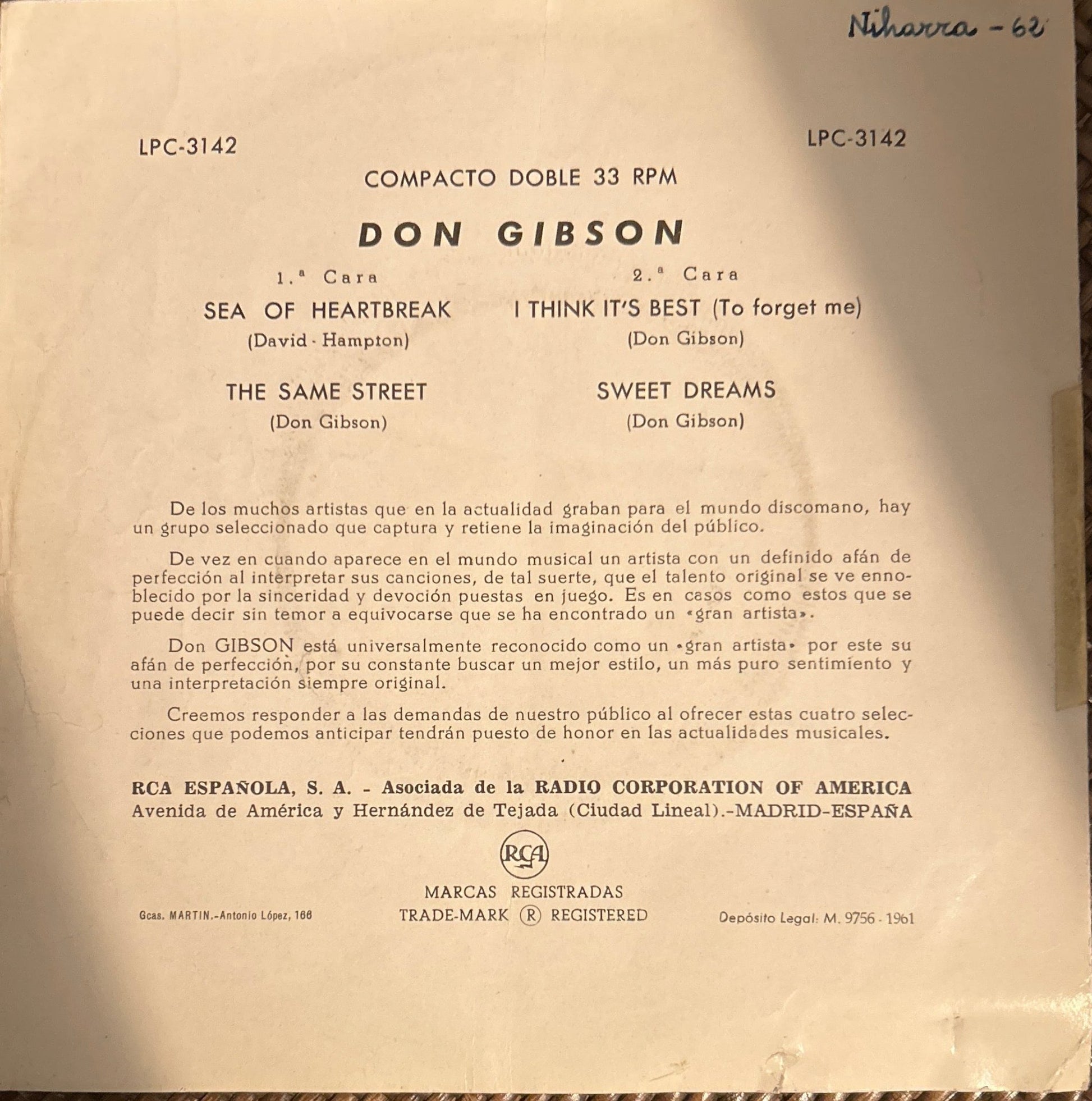 SINGLE Don Gibson ‎– Sea Of Heartbreak 2ª Mano - DISCOS NAKASHA