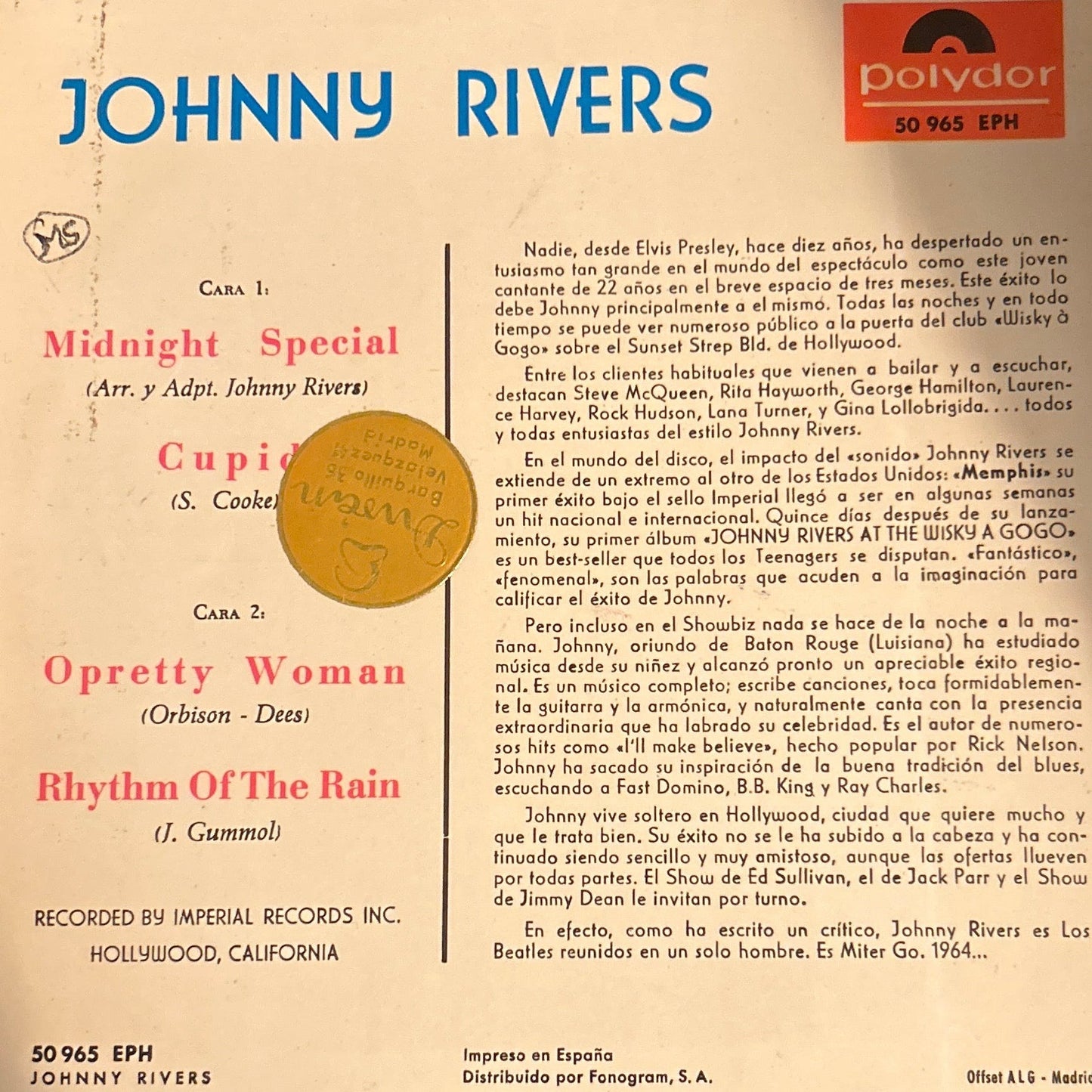 SINGLE Johnny Rivers ‎– Midnight Special 2ª Mano - DISCOS NAKASHA