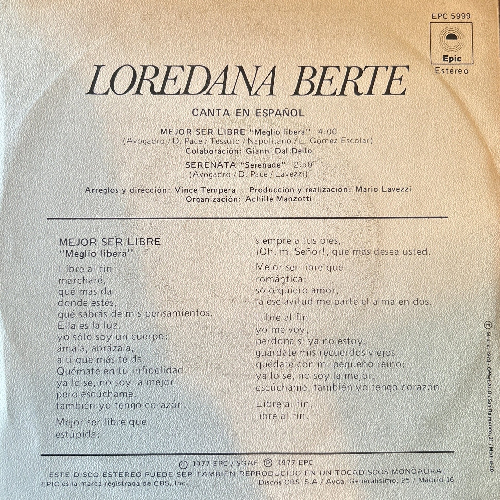 SINGLE Loredana Berte ‎– Mejor Ser Libre 2ª Mano - DISCOS NAKASHA