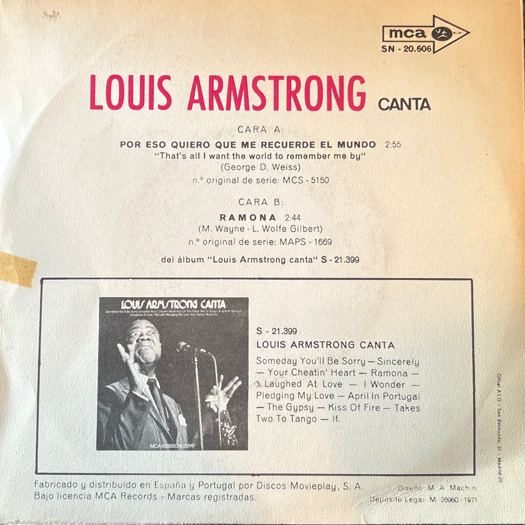SINGLE Louis Armstrong ‎– Por Eso Quiero Que Me Recuerde El Mundo / Ramona 2ª Mano (Producto exclusivo recogida en tienda) - DISCOS NAKASHA